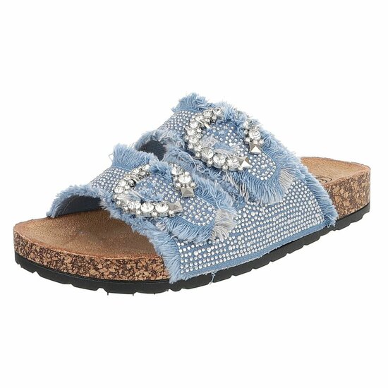 Licht blauwe denim slippers Claire met strass gespen