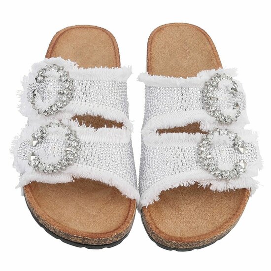 Witte denim slippers Claire met strass gespen