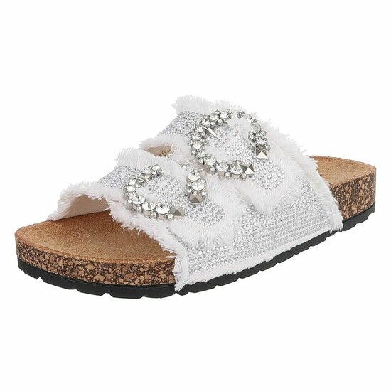 Witte denim slippers Claire met strass gespen