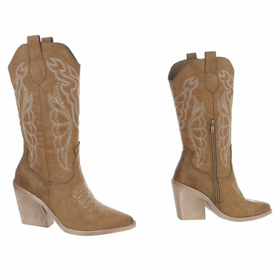 Kaki bruine cowboylaarzen met witte stiksels Clemencia