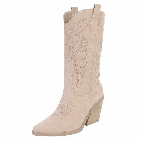 Beige suede cowboylaarzen met stiksels Clemencia