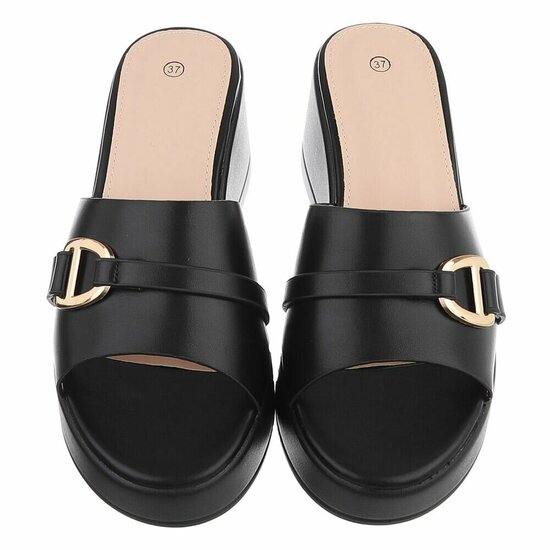 Zwarte wedge mules met goudkleurige gesp Cirilla