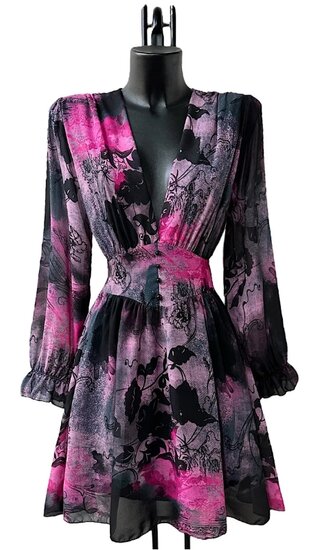 Mooie korte zwart-fuchsia jurk met print