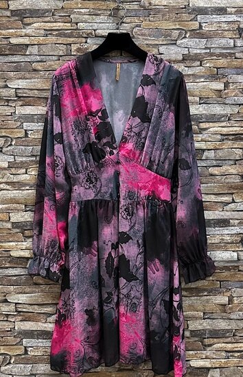 Mooie korte zwart-fuchsia jurk met print