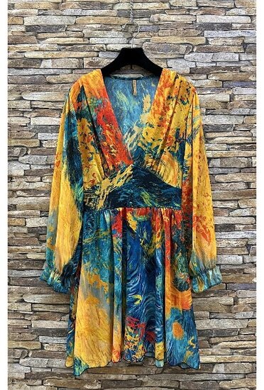 Mooie korte oker gele-teal blauwe jurk met print