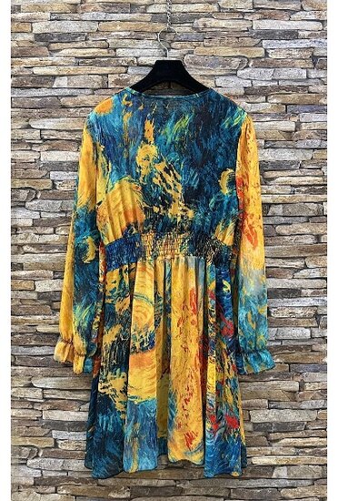 Mooie korte oker gele-teal blauwe jurk met print