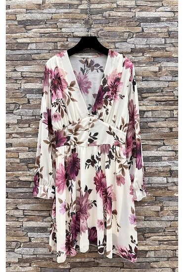 Mooie korte cream-rode colours jurk met bloemen print