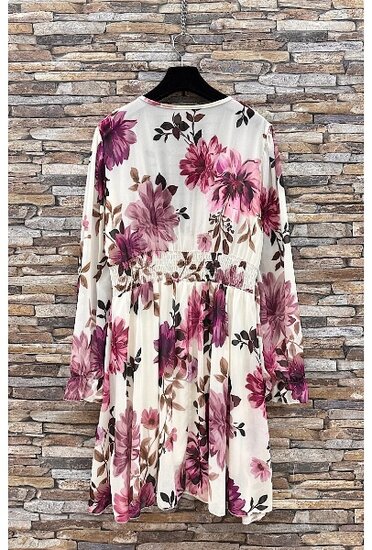 Mooie korte cream-rode colours jurk met bloemen print