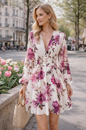 Mooie korte cream-rode colours jurk met bloemen print