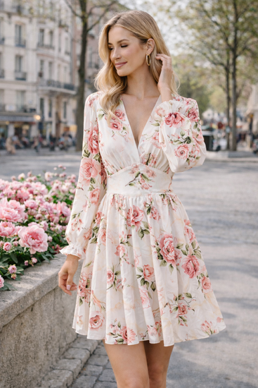 Mooie korte witte jurk met bloemen print