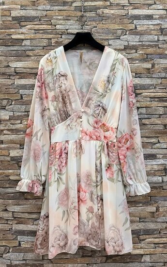 Mooie korte cream jurk met bloemen print