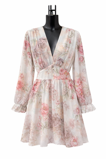 Mooie korte cream jurk met bloemen print