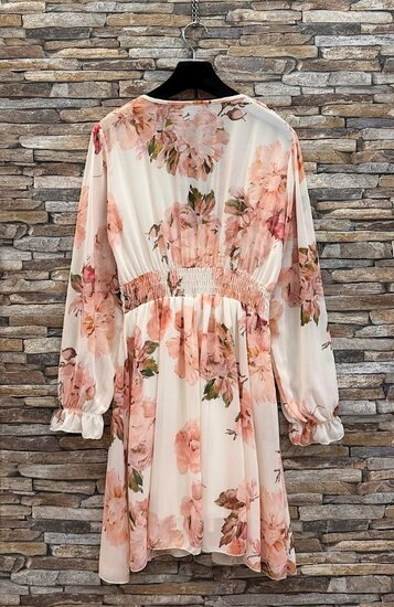 Mooie korte elegante wit-rose jurk met bloemen print