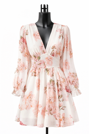 Mooie korte elegante wit-rose jurk met bloemen print