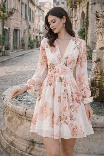 Mooie korte elegante wit-rose jurk met bloemen print