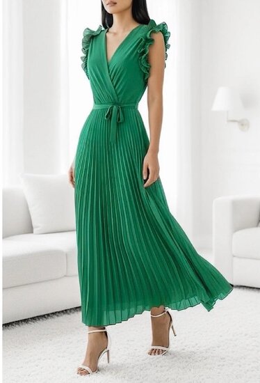 Elegante groene plisse maxi jurk.