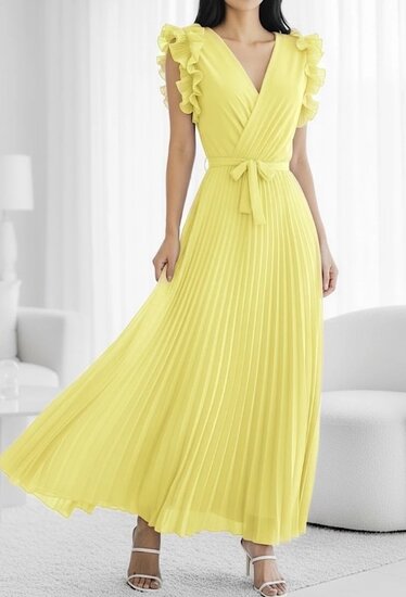 Elegante gele plisse maxi jurk.