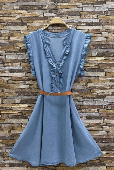 Ultrasoft licht blauwe denim jurk met ruches en V-hals