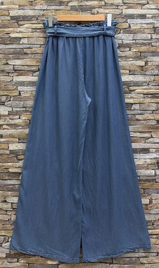 Blauwe palazzo broek in ultrasoft denim met strikceintuur