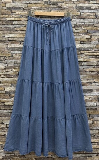 Blauwe ultrasoft denim maxi rok met volants en trekkoord