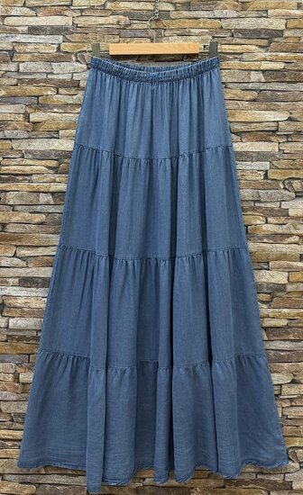Blauwe ultrasoft denim maxi rok met volants en trekkoord