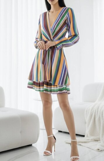 Mooie korte multi colour gestreepte wrap jurk 