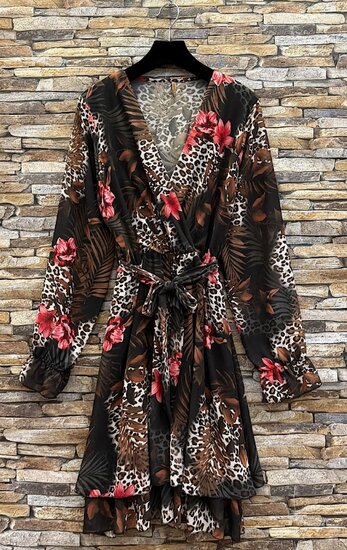 Mooie korte luipaardprint wrap jurk met bloemen en lange mouwen.