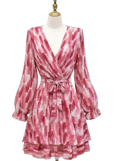Mooie korte rose wrap jurk met motief