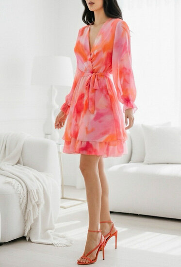 Mooie korte oranje rose wrap jurk met motief