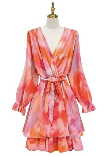 Mooie korte oranje rose wrap jurk met motief