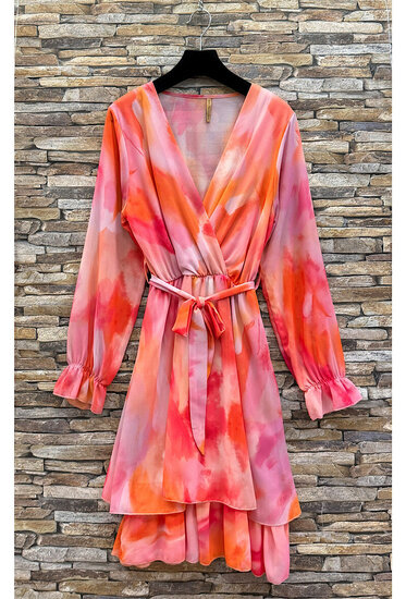 Mooie korte oranje rose wrap jurk met motief