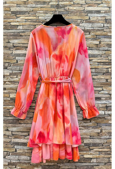 Mooie korte oranje rose wrap jurk met motief