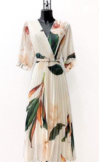 Sierlijke beige mix maxi plisse jurk.