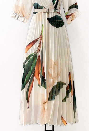 Sierlijke beige mix maxi plisse jurk.