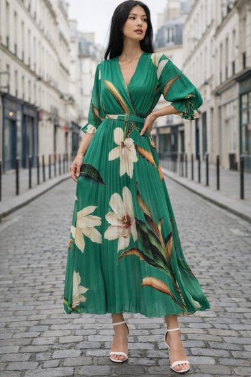 Sierlijke groene mix maxi plisse jurk