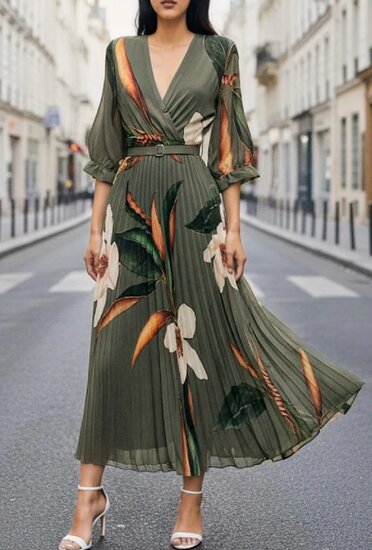 Sierlijke kaki groene mix maxi plisse jurk