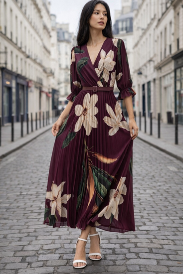 Sierlijke bordeaux mix maxi plisse jurk 
