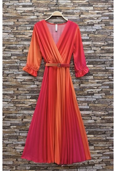 Sierlijke fuchsia-oranje mix maxi plisse jurk