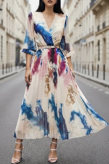 Sierlijke multicolor maxi plisse jurk op creme basis