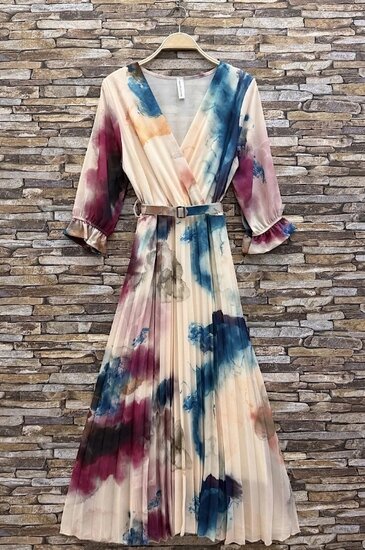 Sierlijke multicolor maxi plisse jurk op creme basis
