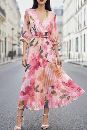 Sierlijke rose mix maxi plisse jurk met bloemmotief