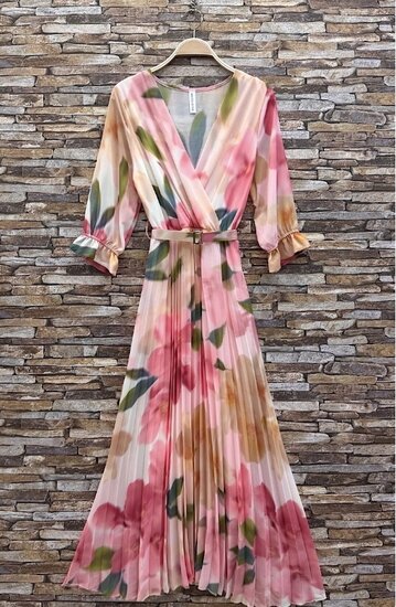 Sierlijke rose mix maxi plisse jurk met bloemmotief