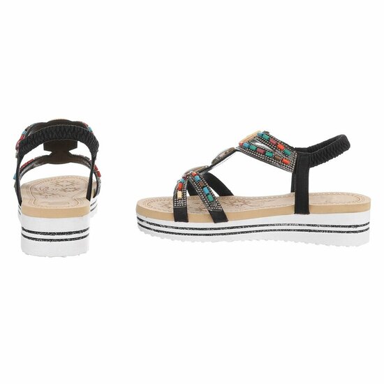 Zwarte dames sandalen met kleurrijke steentjes en elastische band Cedela