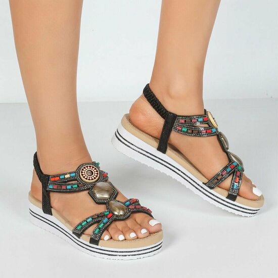 Zwarte dames sandalen met kleurrijke steentjes en elastische band Cedela