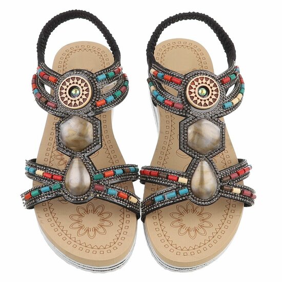 Zwarte dames sandalen met kleurrijke steentjes en elastische band Cedela