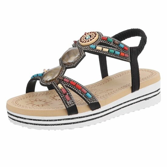 Zwarte dames sandalen met kleurrijke steentjes en elastische band Cedela