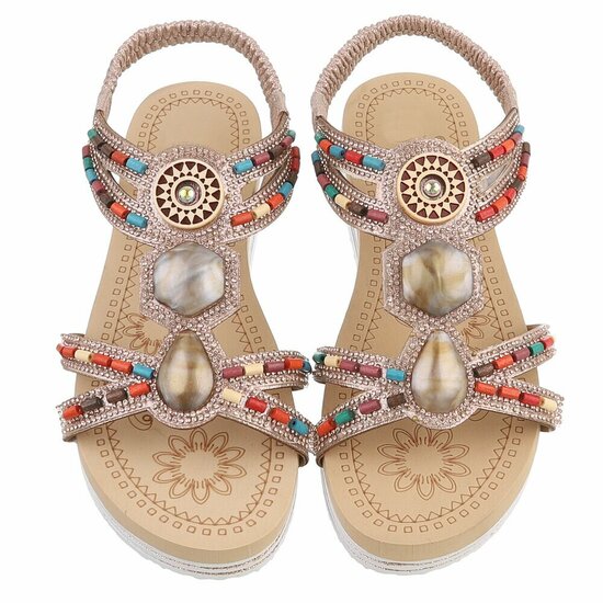 Champagne dames sandalen met kleurrijke steentjes en elastische band Cedela