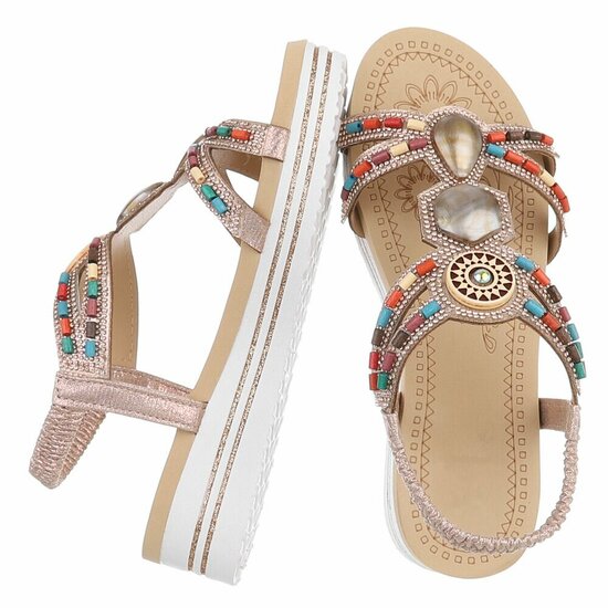 Champagne dames sandalen met kleurrijke steentjes en elastische band Cedela