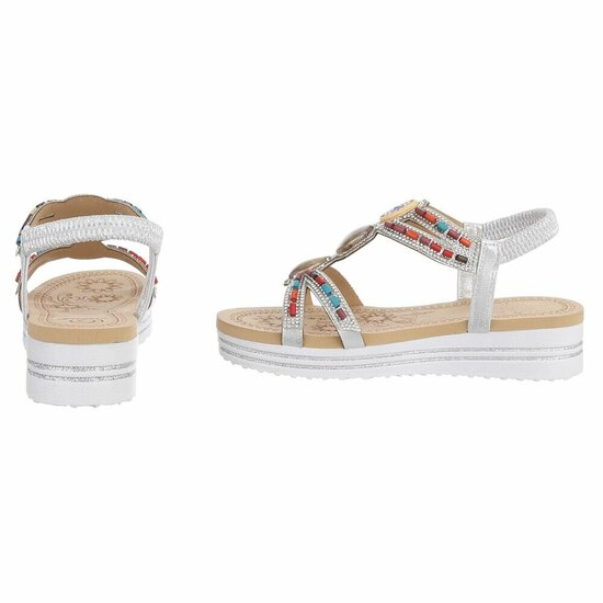 Zilveren dames sandalen met kleurrijke steentjes en elastische band Cedela