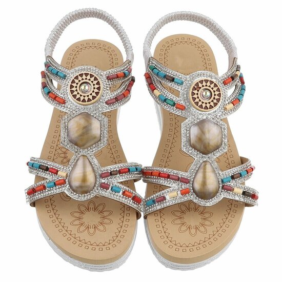 Zilveren dames sandalen met kleurrijke steentjes en elastische band Cedela